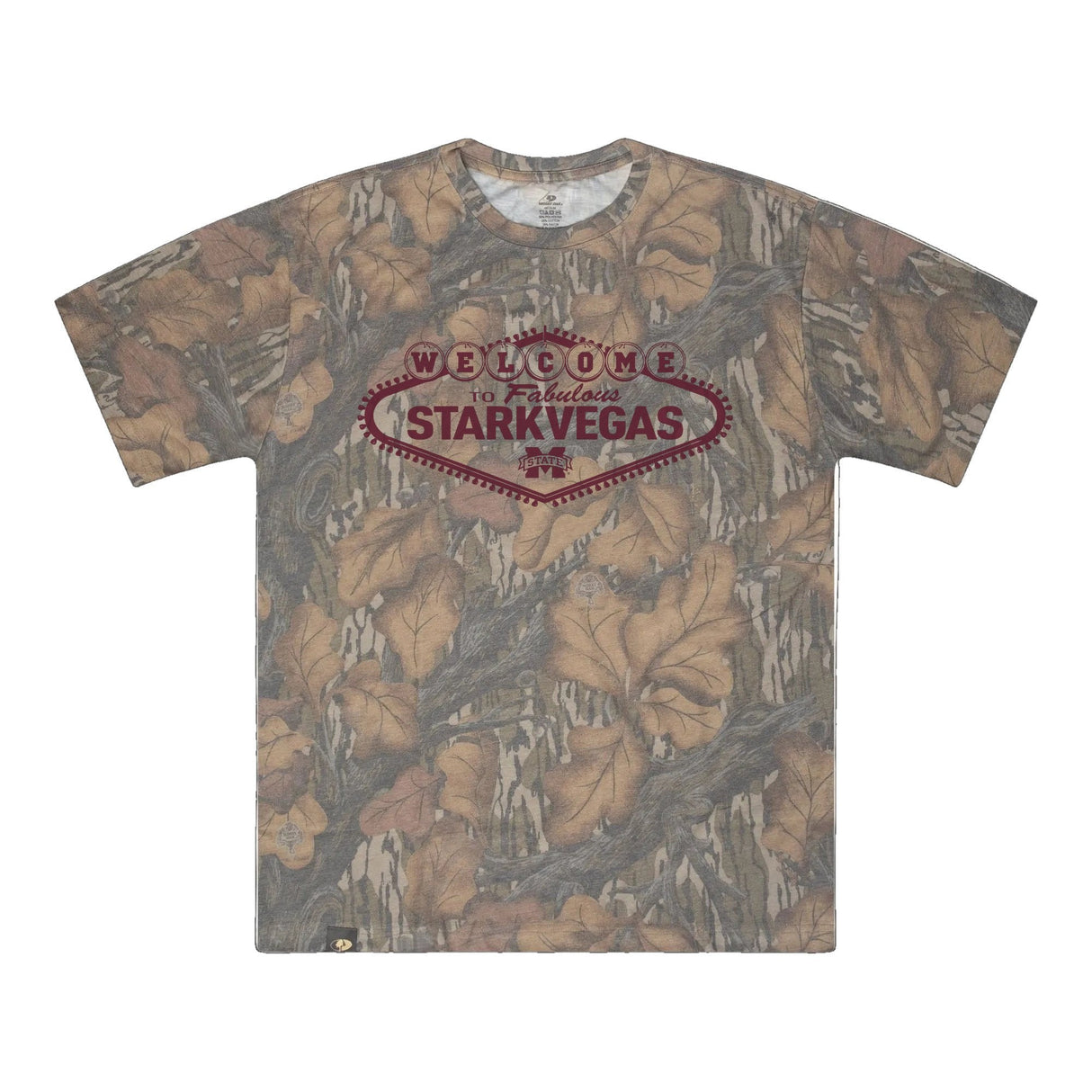 Welcome to StarkVegas Mossy Oak Tee, maroon print on Mossy Oak Fall Foliage