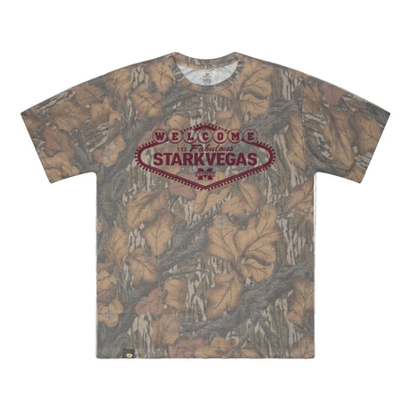 Welcome to StarkVegas Mossy Oak Tee, maroon print on Mossy Oak Fall Foliage