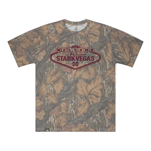 Welcome to StarkVegas Mossy Oak Tee, maroon print on Mossy Oak Fall Foliage