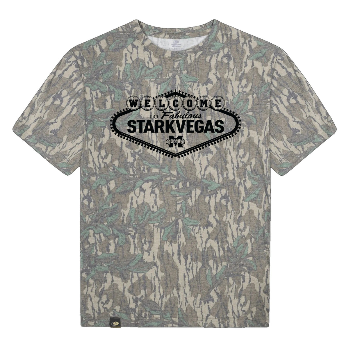 Welcome to StarkVegas Mossy Oak Tee, black print on Mossy Oak Greenleaf