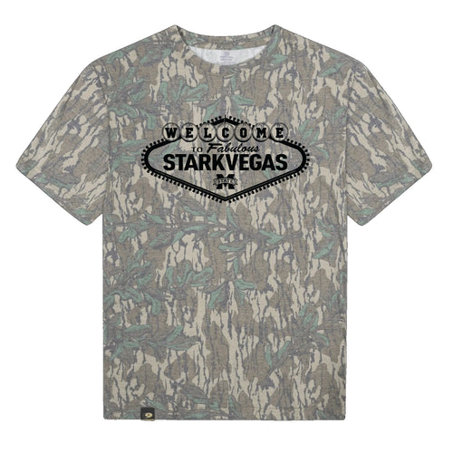 Welcome to StarkVegas Mossy Oak Tee, black print on Mossy Oak Greenleaf