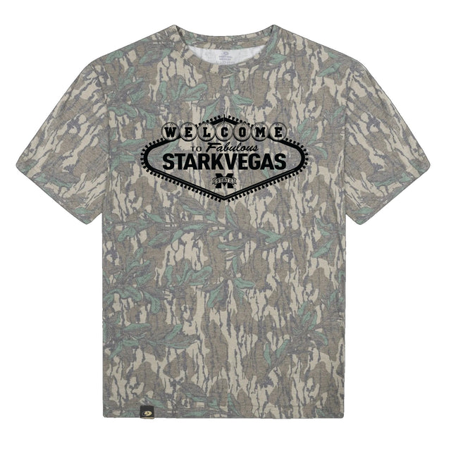 Welcome to StarkVegas Mossy Oak Tee, black print on Mossy Oak Greenleaf