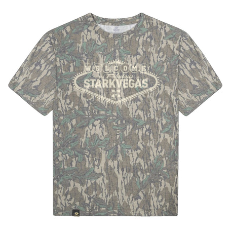 Welcome to StarkVegas Mossy Oak Tee, cream print on Mossy Oak Greenleaf