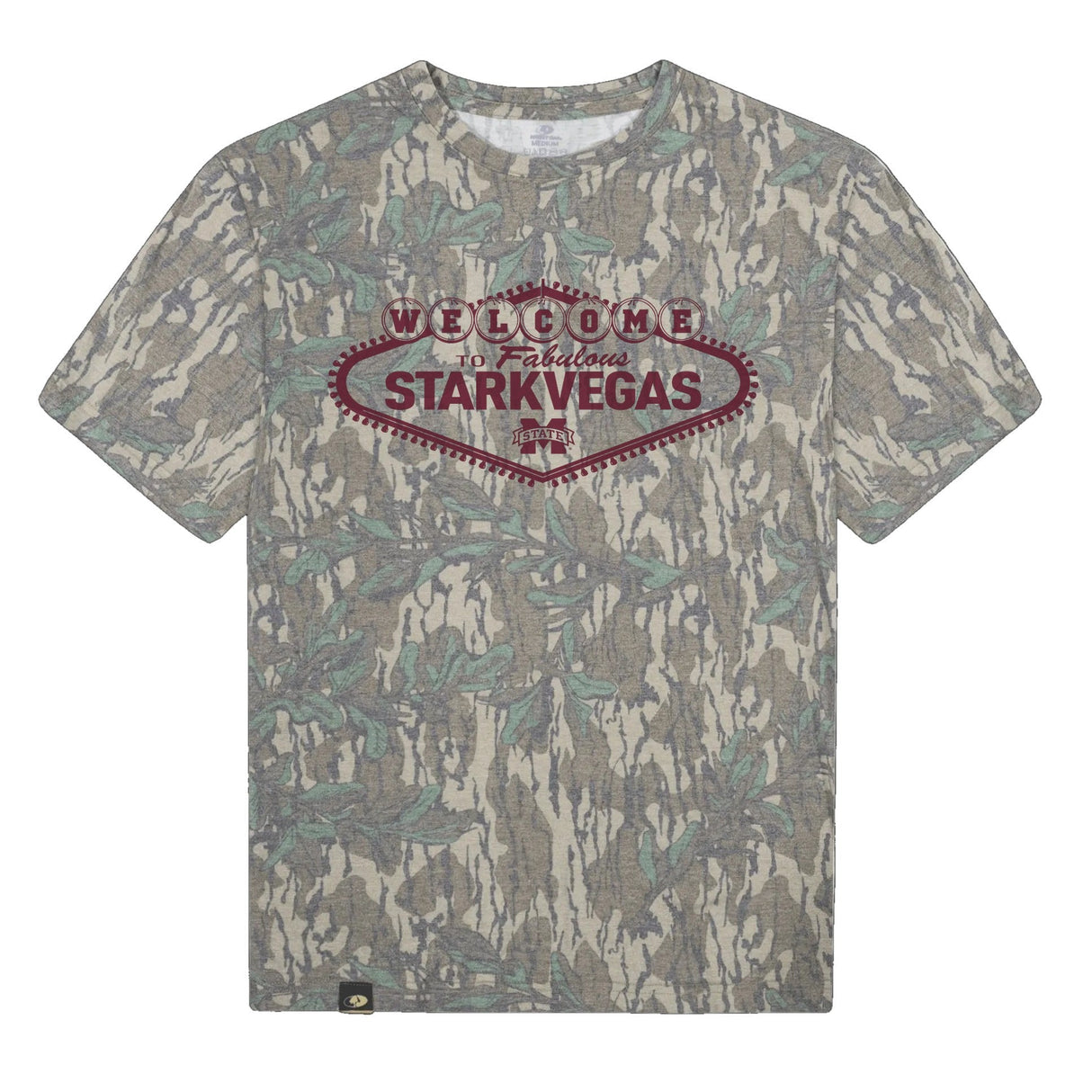 Welcome to StarkVegas Mossy Oak Tee, maroon print on Mossy Oak Greenleaf