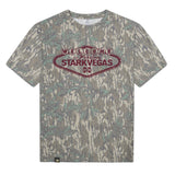Welcome to StarkVegas Mossy Oak Tee, maroon print on Mossy Oak Greenleaf