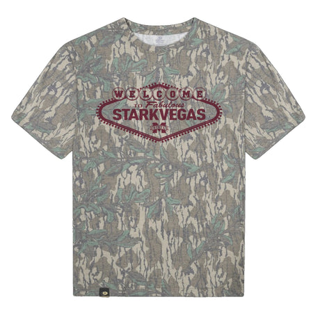 Welcome to StarkVegas Mossy Oak Tee, maroon print on Mossy Oak Greenleaf