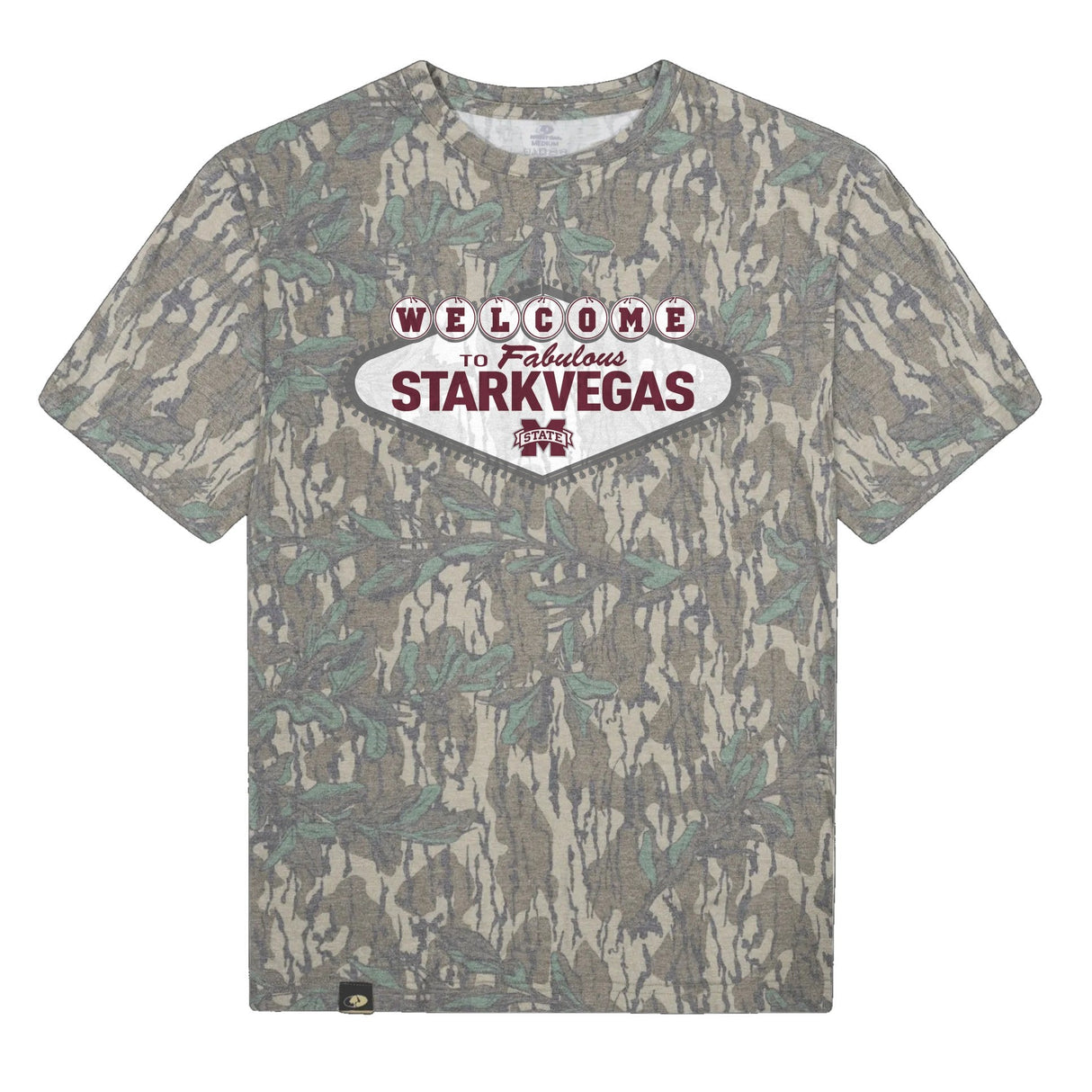 Welcome to StarkVegas Mossy Oak Tee, multicolor print on Mossy Oak Greenleaf