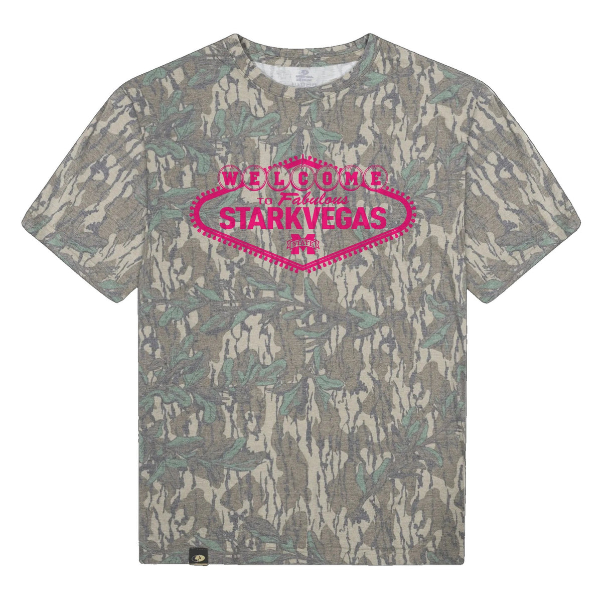 Welcome to StarkVegas Mossy Oak Tee, pink print on Mossy Oak Greenleaf