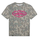 Welcome to StarkVegas Mossy Oak Tee, pink print on Mossy Oak Greenleaf