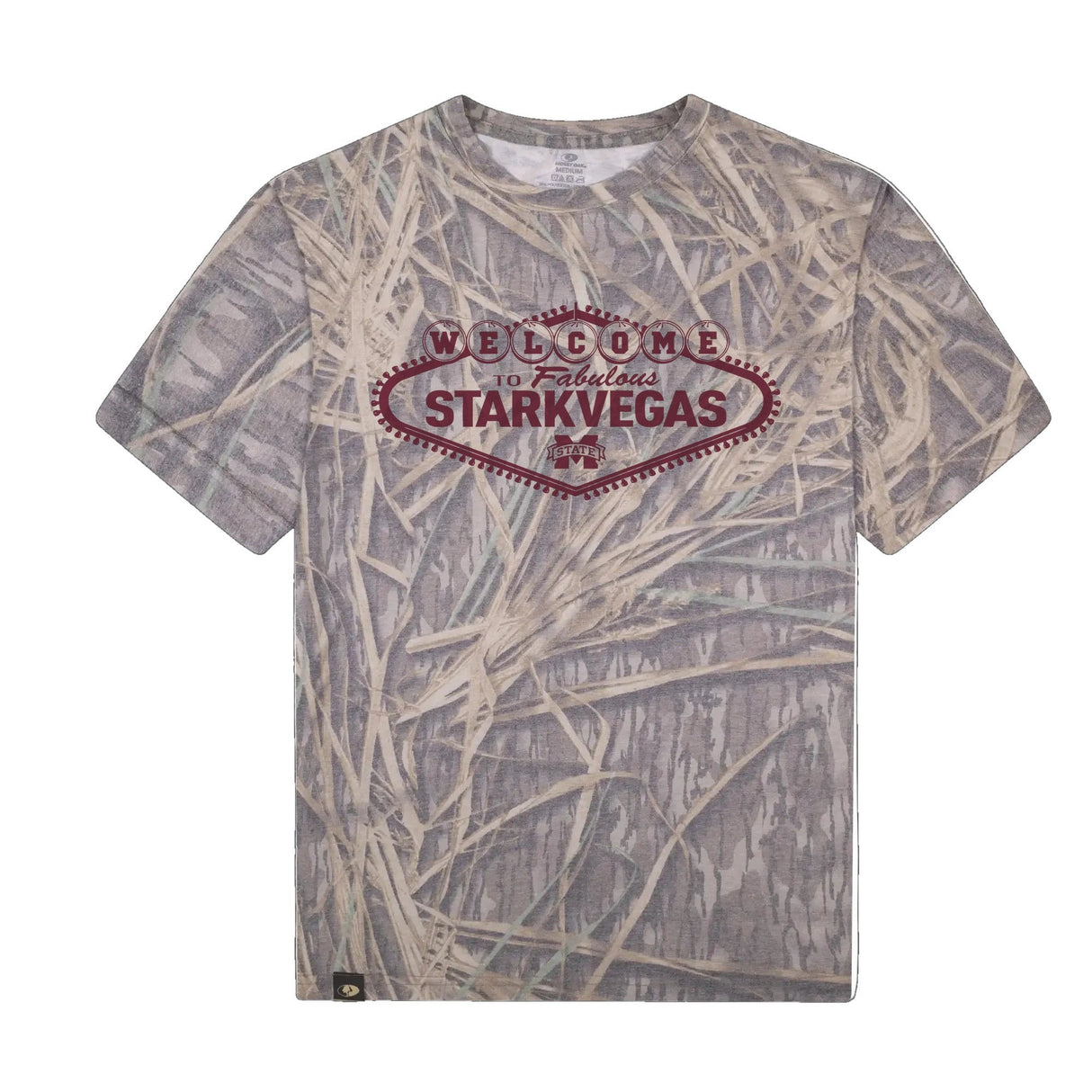 Welcome to StarkVegas Mossy Oak Tee, maroon print on Mossy Oak Shadow Grass