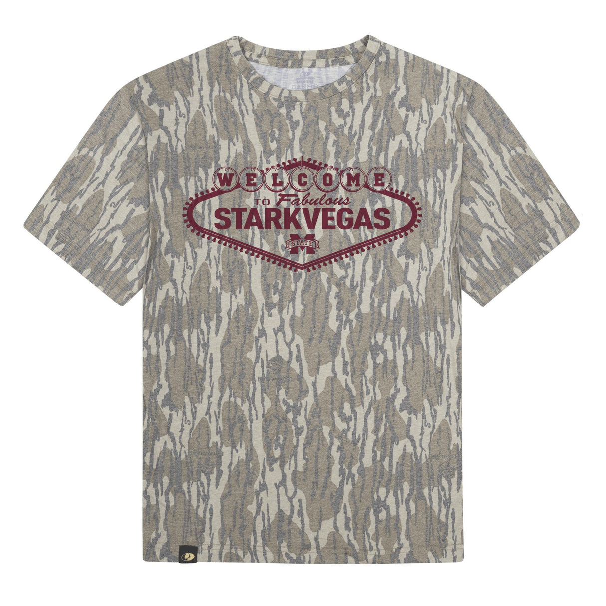 Welcome to StarkVegas Mossy Oak Youth Tee, maroon print on Mossy Oak Bottomland