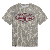 Welcome to StarkVegas Mossy Oak Youth Tee, maroon print on Mossy Oak Bottomland