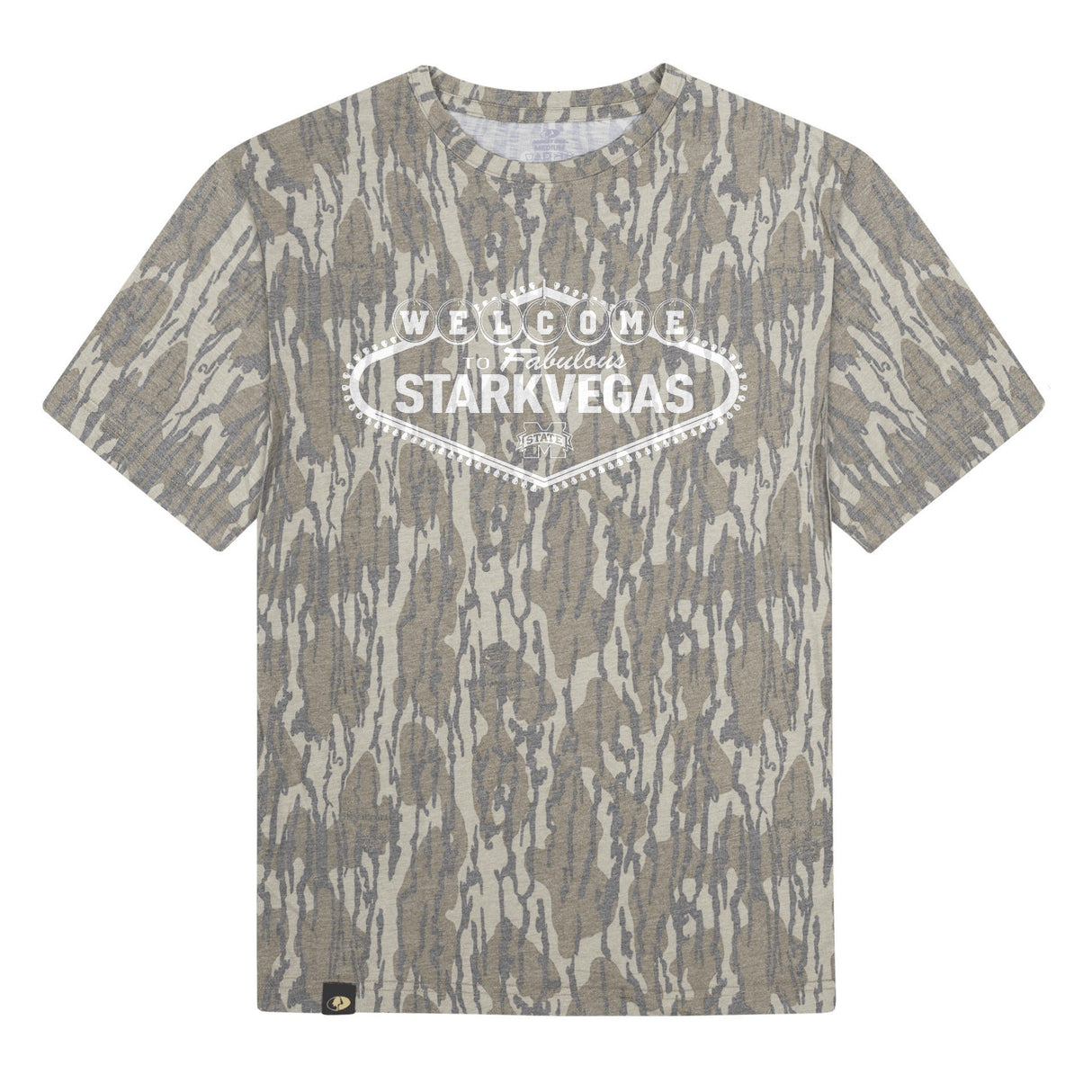 Welcome to StarkVegas Mossy Oak Youth Tee, white print on Mossy Oak Bottomland