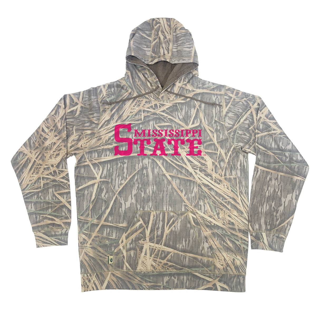 Mississippi State Mossy Oak Hoodie, pink print on Mossy Oak Shadow Grass