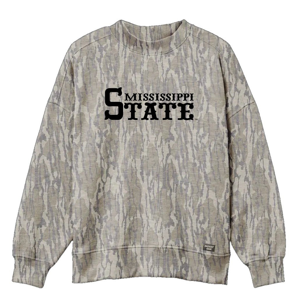 Mississippi State Mossy Oak Mockneck Sweatshirt (Bottomland), black print on Mossy Oak Bottomland