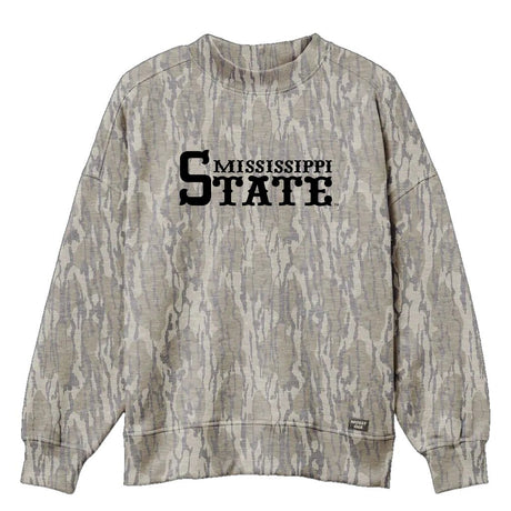 Mississippi State Mossy Oak Mockneck Sweatshirt (Bottomland), black print on Mossy Oak Bottomland