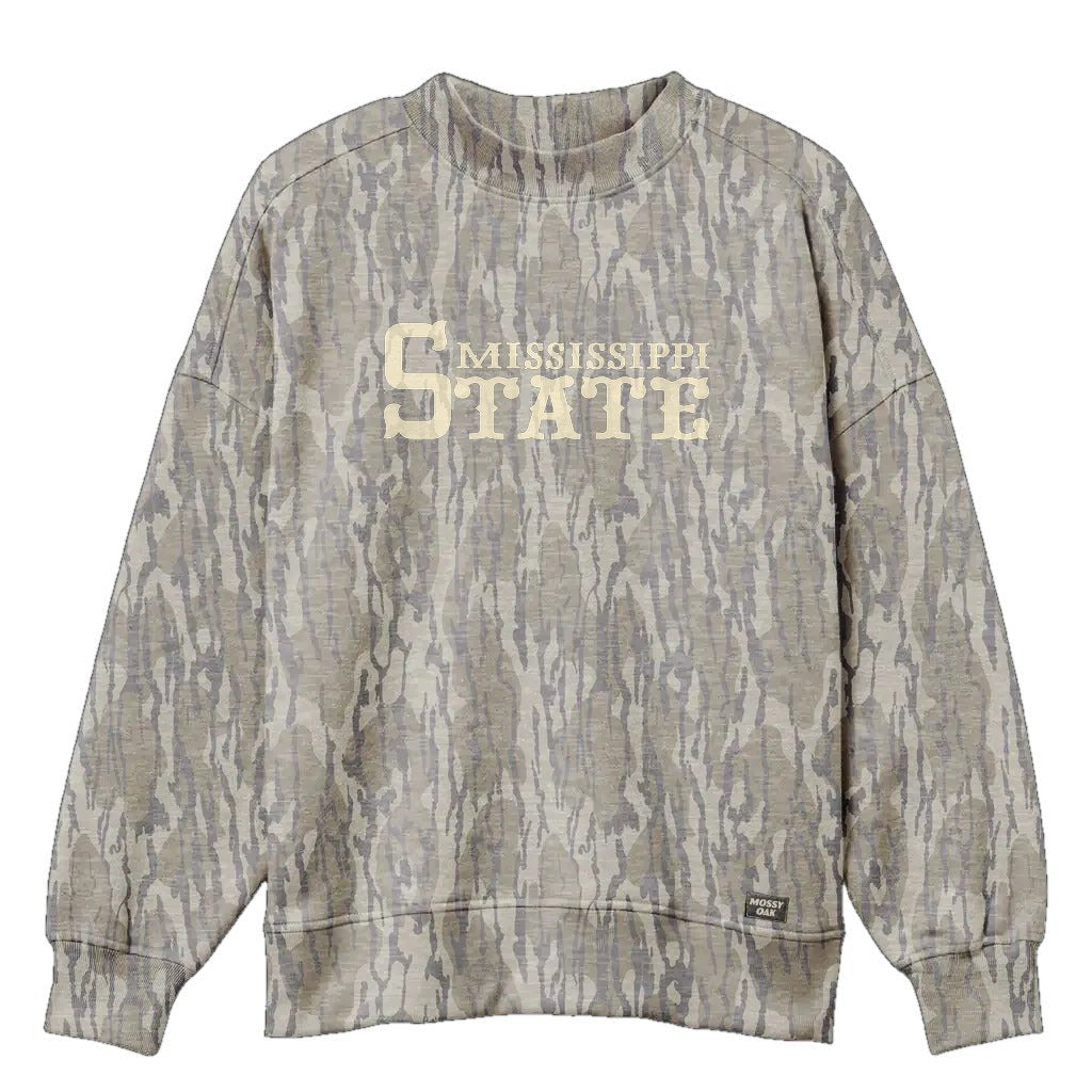Mississippi State Mossy Oak Mockneck Sweatshirt (Bottomland), cream print on Mossy Oak Bottomland