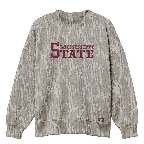 Mississippi State Mossy Oak Mockneck Sweatshirt (Bottomland), maroon print on Mossy Oak Bottomland