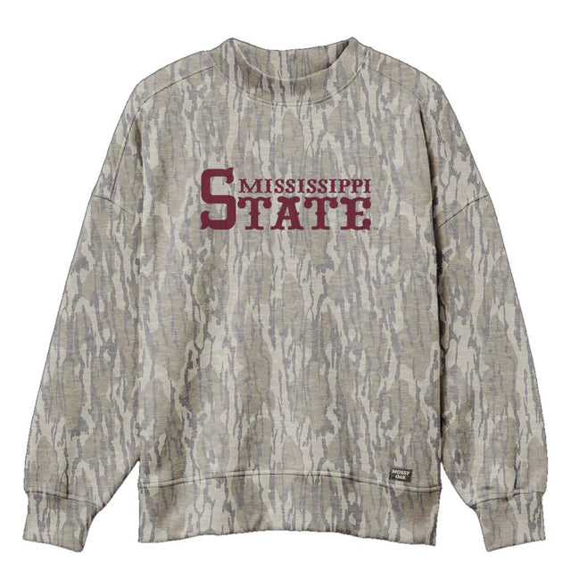 Mississippi State Mossy Oak Mockneck Sweatshirt (Bottomland), maroon print on Mossy Oak Bottomland