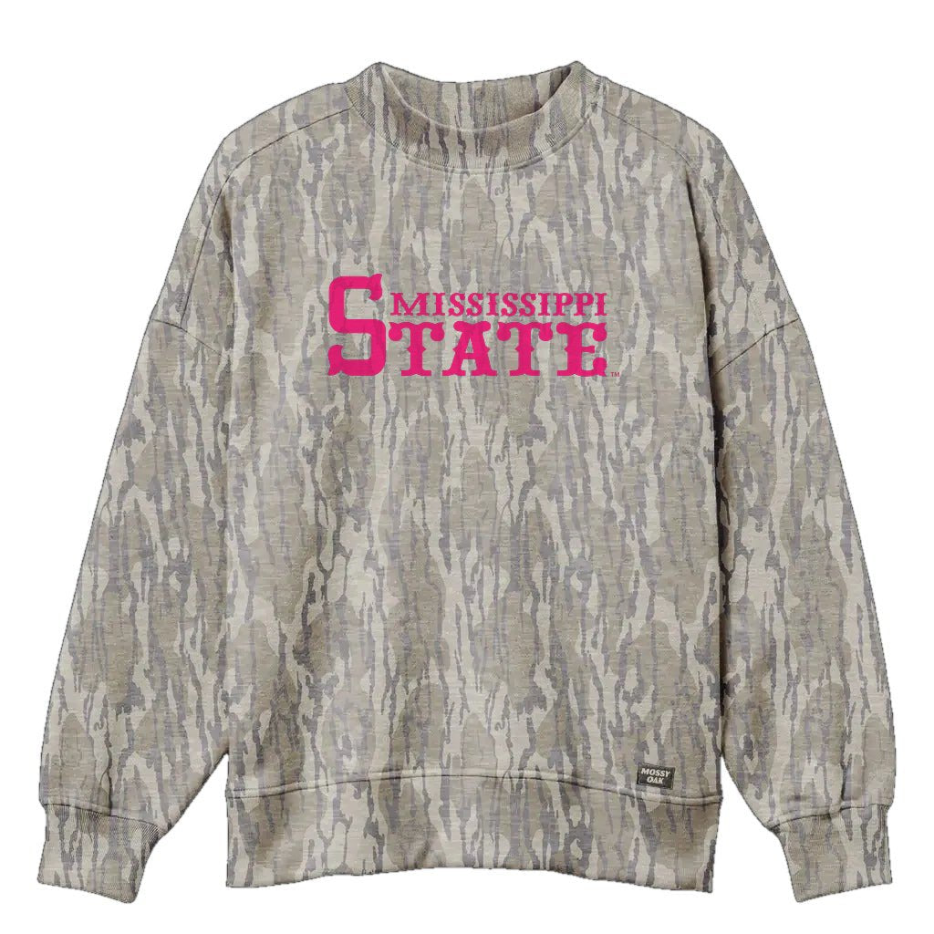 Mississippi State Mossy Oak Mockneck Sweatshirt (Bottomland), pink print on Mossy Oak Bottomland