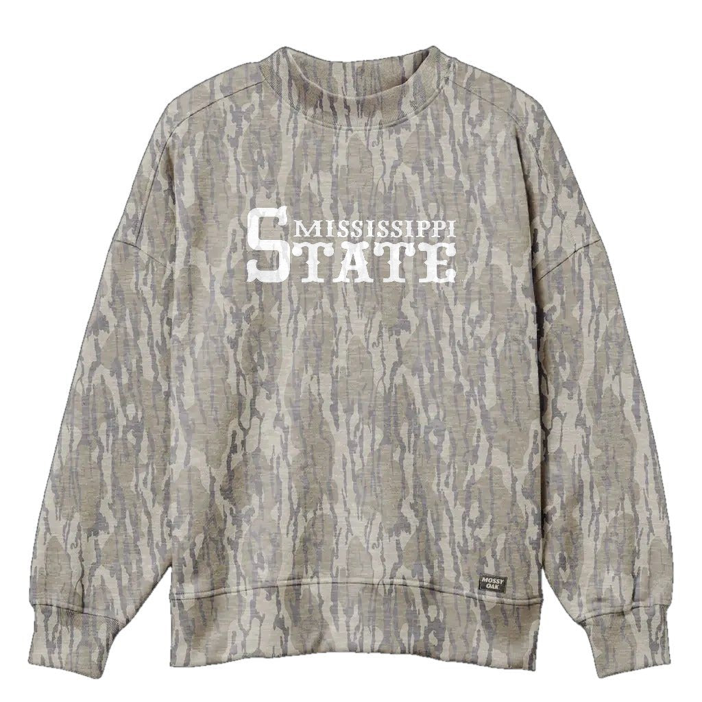 Mississippi State Mossy Oak Mockneck Sweatshirt (Bottomland), white print on Mossy Oak Bottomland