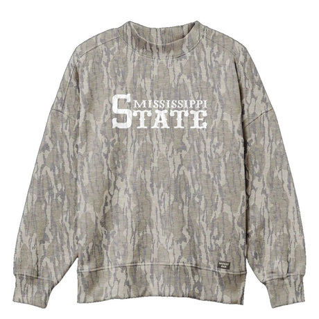 Mississippi State Mossy Oak Mockneck Sweatshirt (Bottomland), white print on Mossy Oak Bottomland