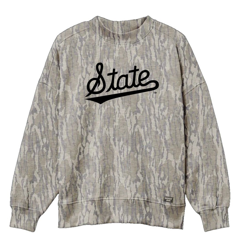 Mississippi State Script Mossy Oak Mockneck Sweatshirt (Bottomland), black print on Mossy Oak Bottomland