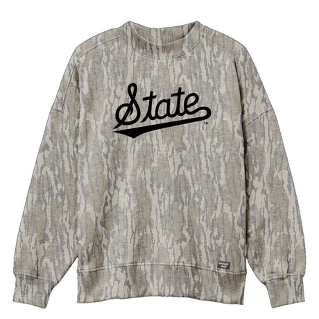 Mississippi State Script Mossy Oak Mockneck Sweatshirt (Bottomland), black print on Mossy Oak Bottomland