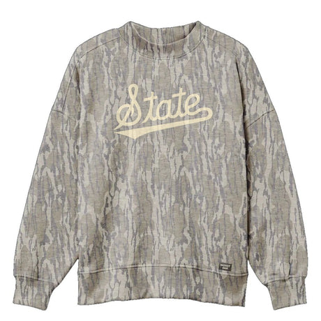 Mississippi State Script Mossy Oak Mockneck Sweatshirt (Bottomland), cream print on Mossy Oak Bottomland