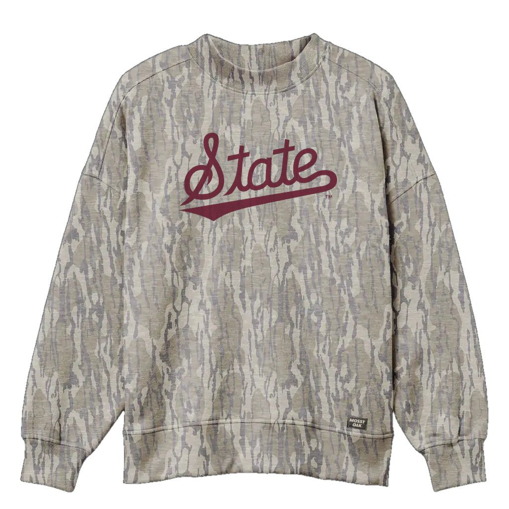 Mississippi State Script Mossy Oak Mockneck Sweatshirt (Bottomland), maroon print on Mossy Oak Bottomland