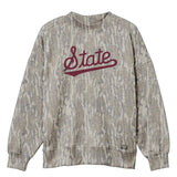 Mississippi State Script Mossy Oak Mockneck Sweatshirt (Bottomland), maroon print on Mossy Oak Bottomland