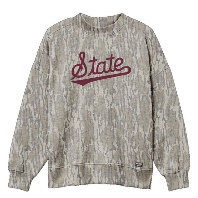 Mississippi State Script Mossy Oak Mockneck Sweatshirt (Bottomland), maroon print on Mossy Oak Bottomland