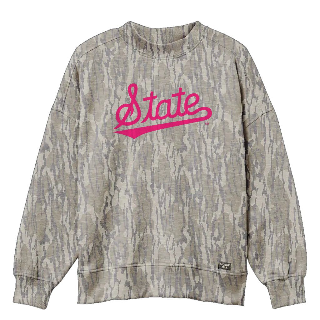 Mississippi State Script Mossy Oak Mockneck Sweatshirt (Bottomland), pink print on Mossy Oak Bottomland