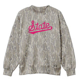 Mississippi State Script Mossy Oak Mockneck Sweatshirt (Bottomland), pink print on Mossy Oak Bottomland