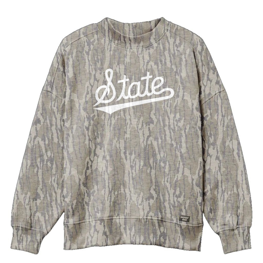 Mississippi State Script Mossy Oak Mockneck Sweatshirt (Bottomland), white print on Mossy Oak Bottomland