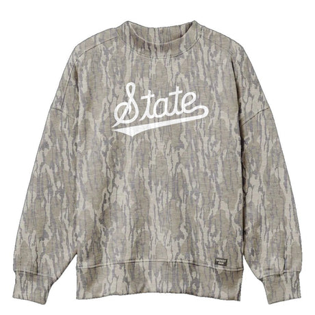 Mississippi State Script Mossy Oak Mockneck Sweatshirt (Bottomland), white print on Mossy Oak Bottomland