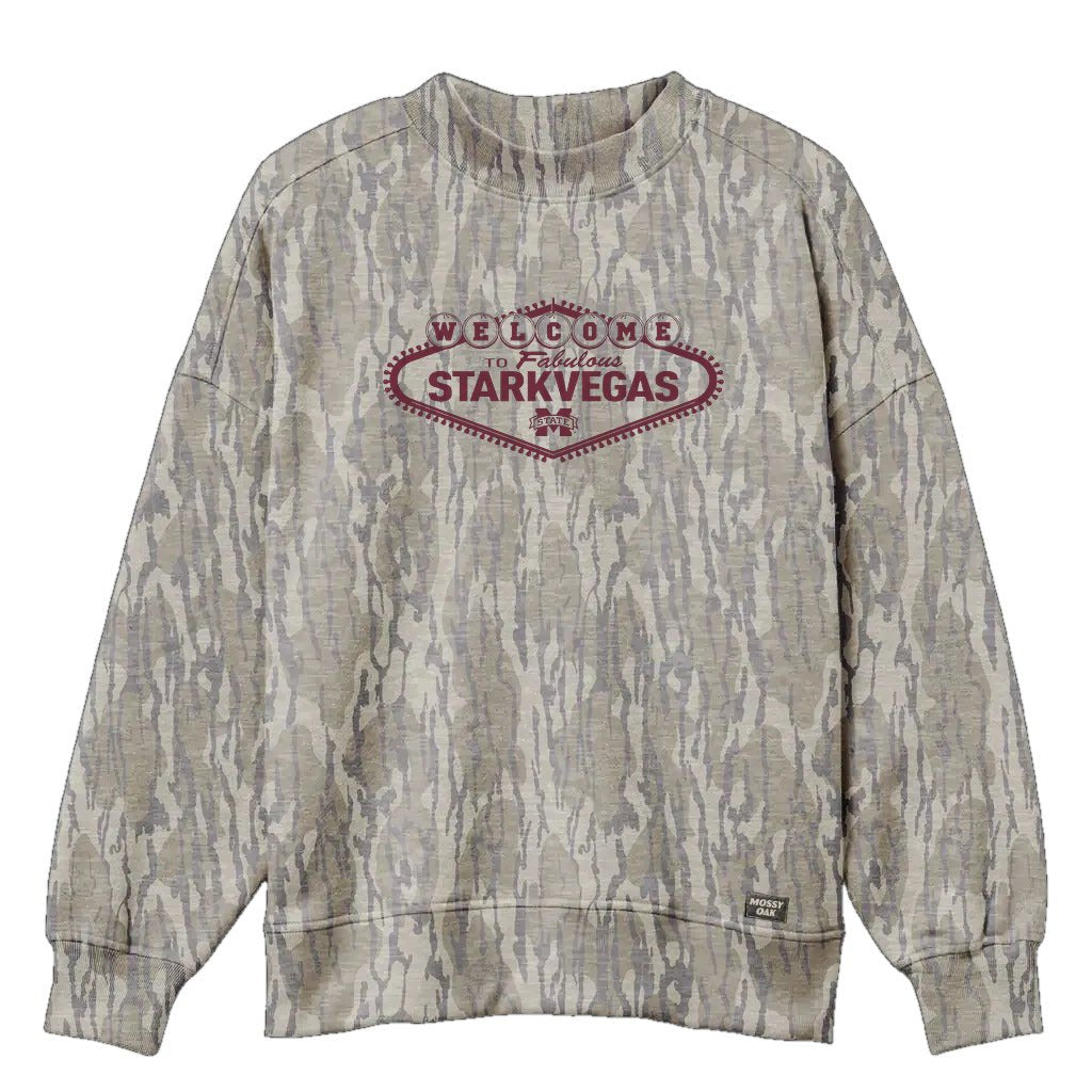 Welcome to StarkVegas Mossy Oak Mockneck Sweatshirt (Bottomland), maroon print on Mossy Oak Bottomland