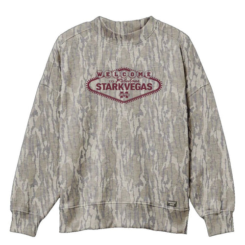 Welcome to StarkVegas Mossy Oak Mockneck Sweatshirt (Bottomland), maroon print on Mossy Oak Bottomland
