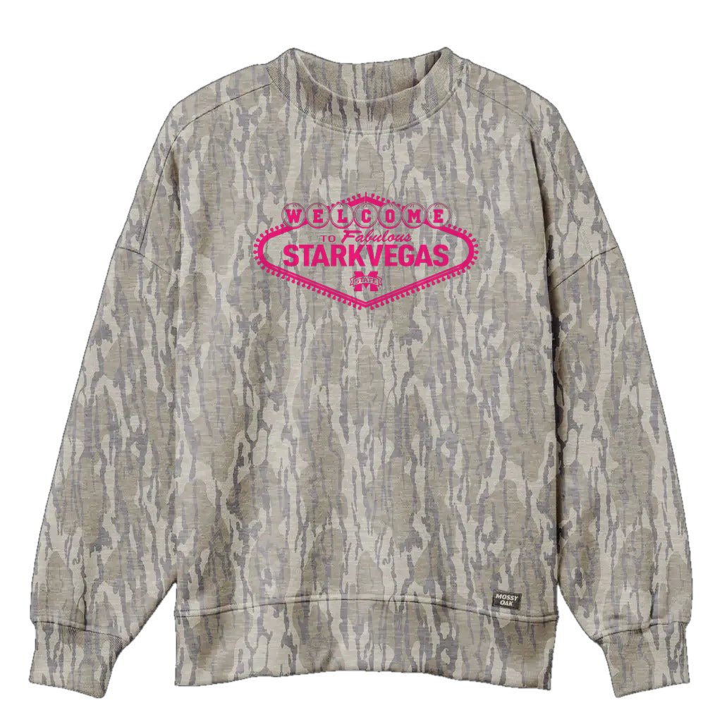 Welcome to StarkVegas Mossy Oak Mockneck Sweatshirt (Bottomland), pink print on Mossy Oak Bottomland