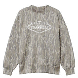 Welcome to StarkVegas Mossy Oak Mockneck Sweatshirt (Bottomland), white print on Mossy Oak Bottomland