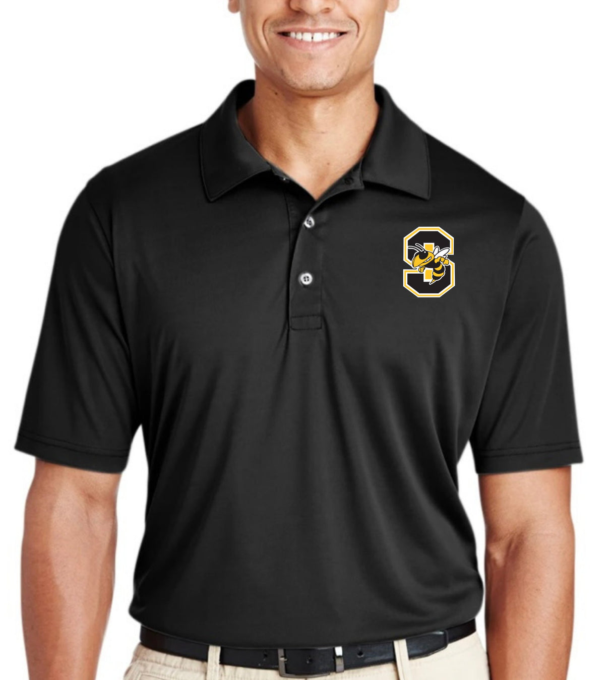 Embroidered Starkville High swim logo on a black performance polo