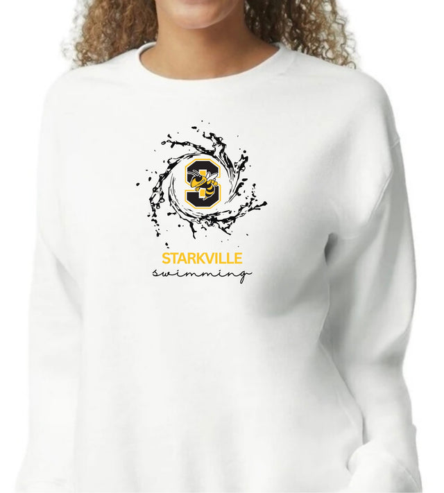 Starkville Swimming splash design on a white crewneck sweatshirt