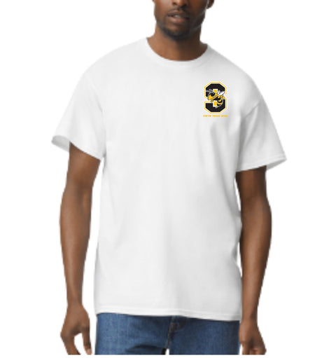 Starkville High swim left chest logo on a white cotton tee