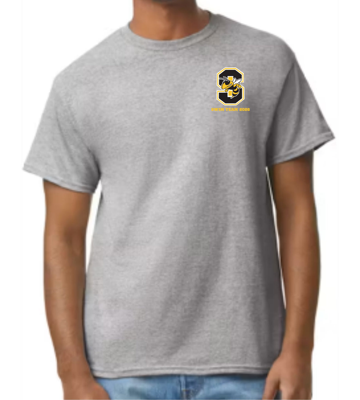 Starkville High swim left chest logo on a grey cotton tee