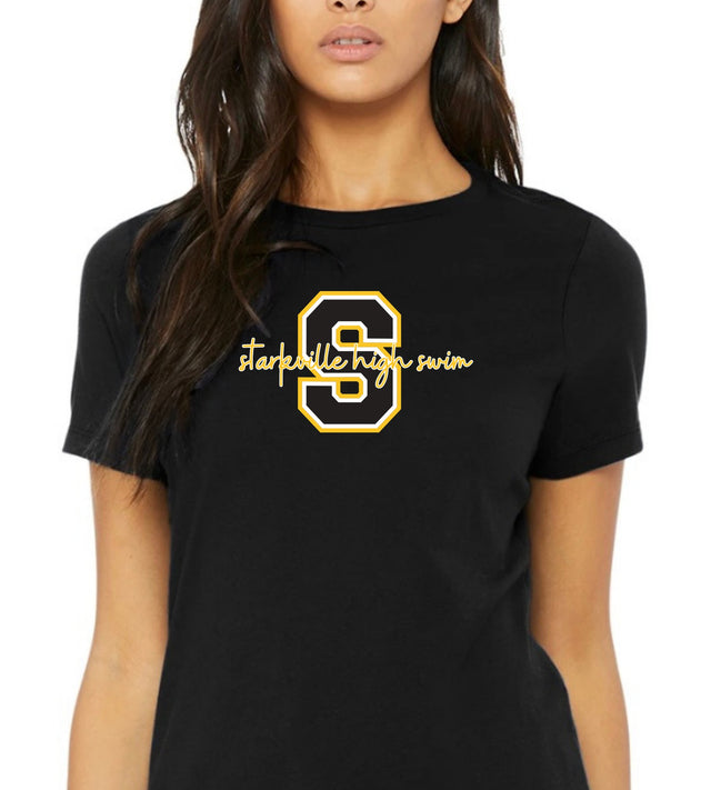 Starkville high swim script design on a black tri-blend tee