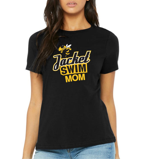 Jacket Swim Mom logo on a black tri-blend tee