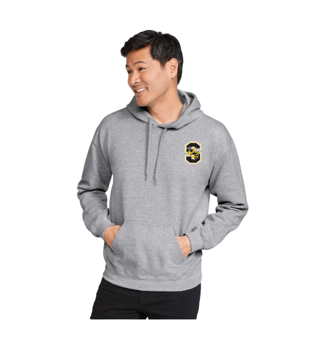 Starkville High swim left chest logo on a heather grey hoodie