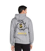 Starkville Swimming splash design on the back of a heather grey hoodie