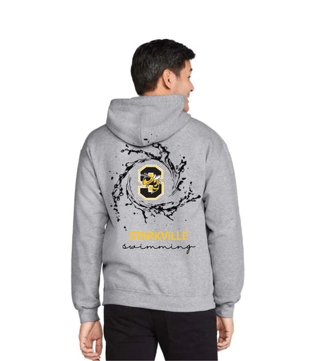Starkville Swimming splash design on the back of a heather grey hoodie