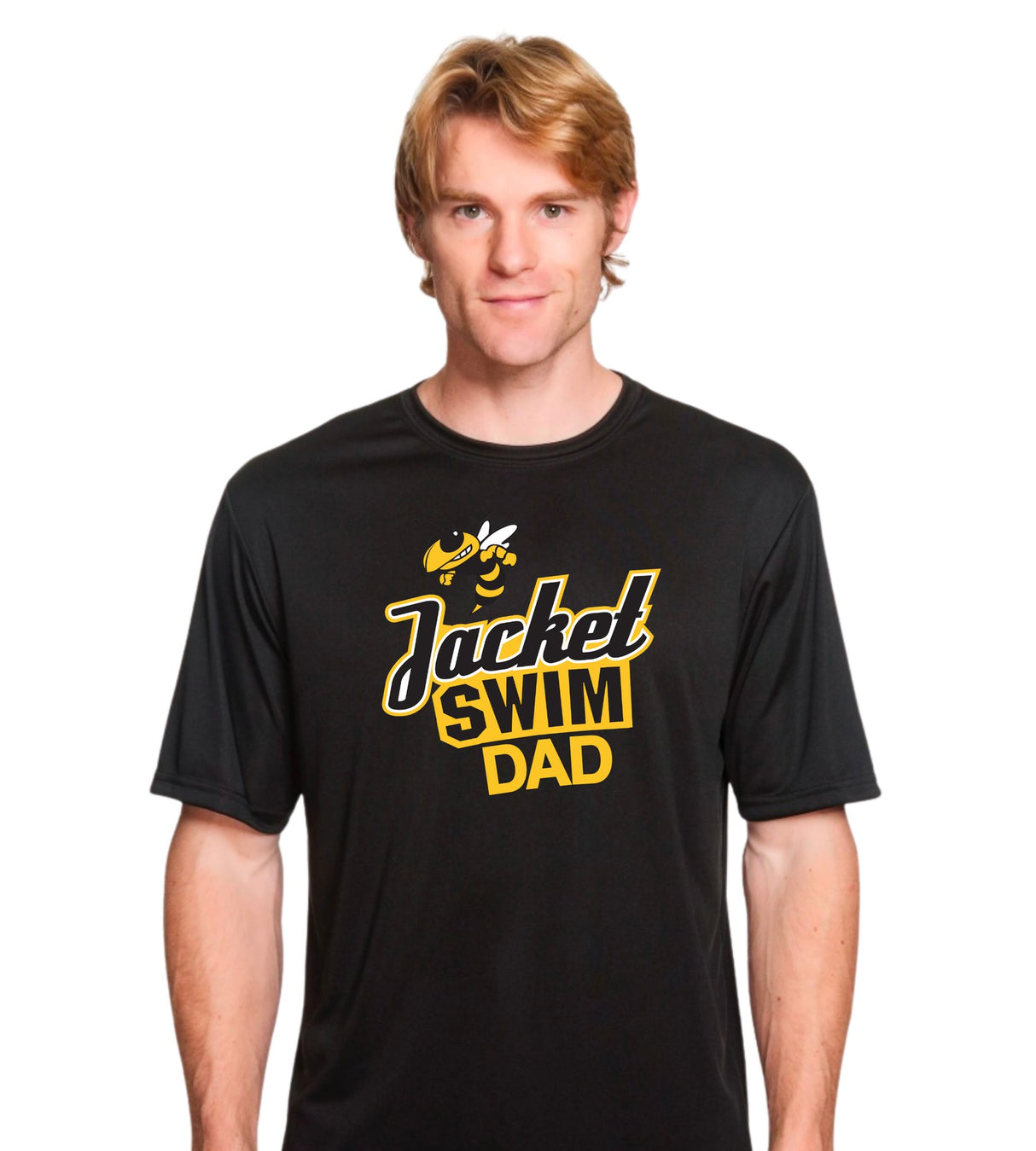 Jacket Swim Dad logo on a black dri-fit tee